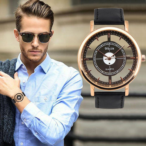 Men's Leather Strap Analog Quartz Sports Watch